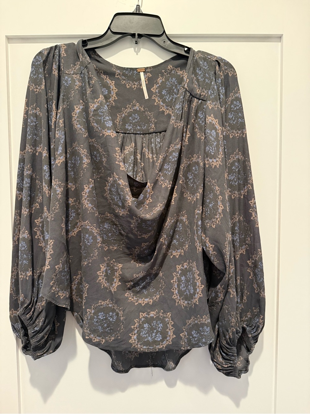 Free People Gray Blouse with Blue Floral Medallions